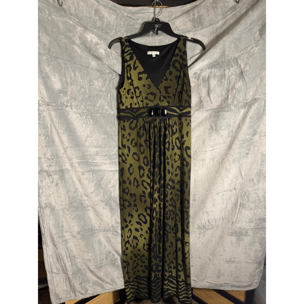 Sandra Darren Olive Green Leopard Zebra Print Maxi Dress Jeweled Empire Waist 8
